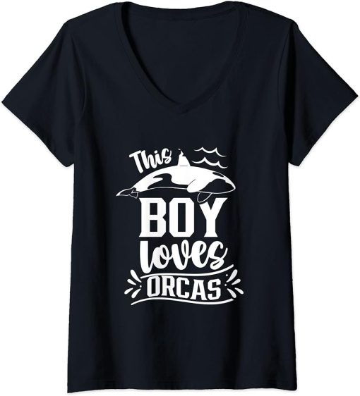 Womens This Boy Loves Orcas Sea Orca Whale Protect V-Neck T-Shirt