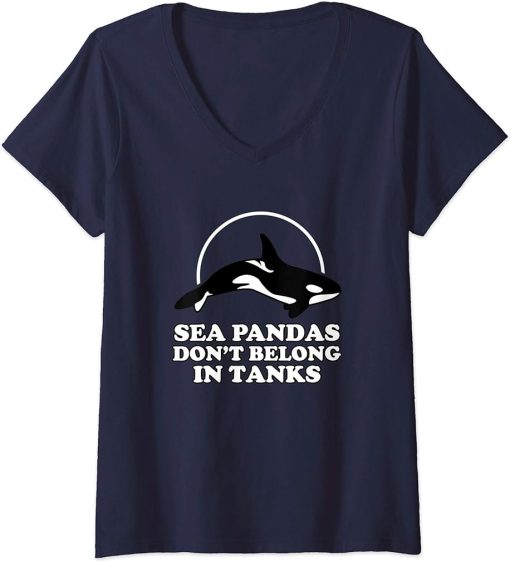 Womens Sea Pandas Don"t Belong In Tanks - Orca Killer Whale V-Neck T-Shirt