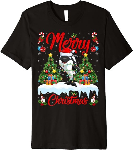 Orca Fish Lights Xmas Tree Santa Orca Christmas Premium T-Shirt