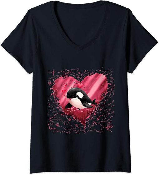 Womens Orca Heart Funny Valentines Day Men Love orca Gifts Red Love V-Neck T-Shirt